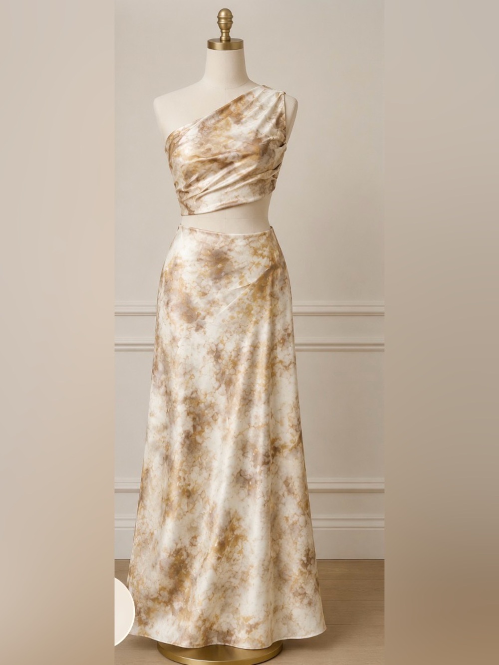 Zara One-Shoulder Maxi Dress in Cream and Gold Marble